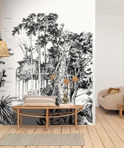 Papier peint panoramique jungle noir et blanc, Caselio