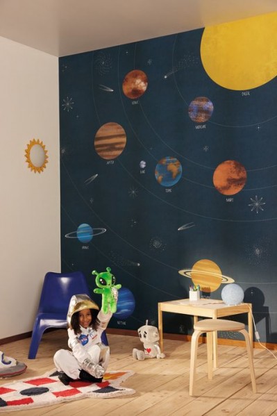 Papier peint enfant bleu nuit avec système solaire, papier peint spatial, papier peint planètes, Caselio et Tollens